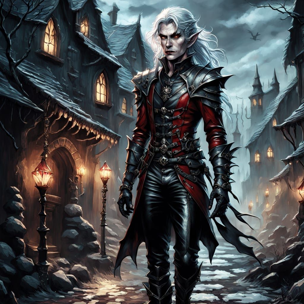 Elf Roams Spooky Twilight Town in Gothic Art Style
