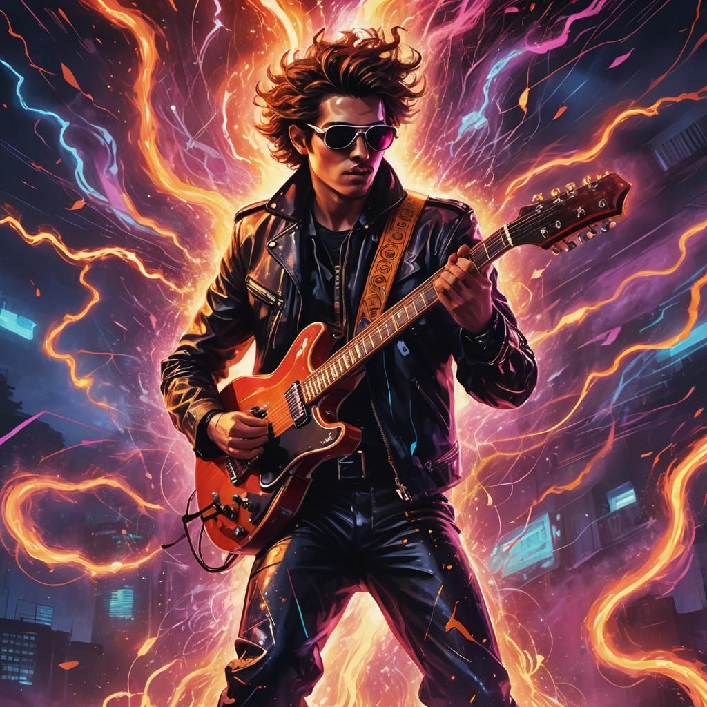 Retro-Futuristic Musician in Fiery Sci-Fi Scene