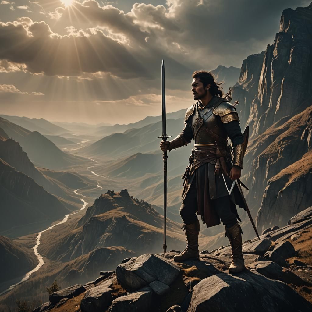 Mystical Warrior on Mountain Peak in Cinematic Style