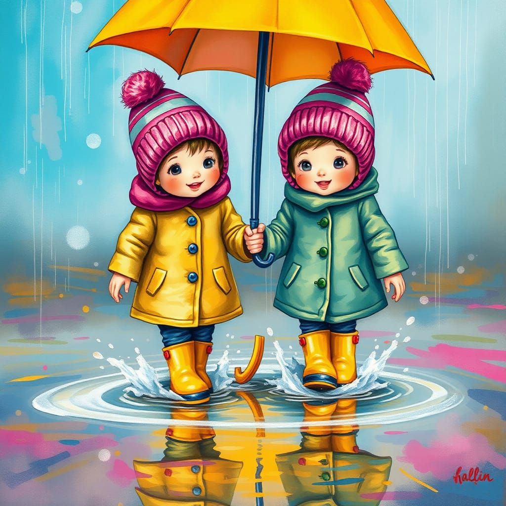 Children Splashing in Puddle: Whimsical Illustration