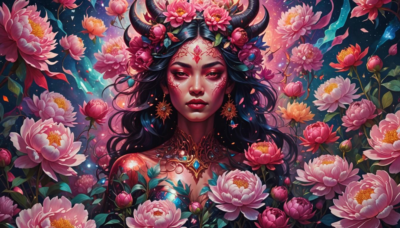 Devil Woman Surrounded by Peonies in Astral Style