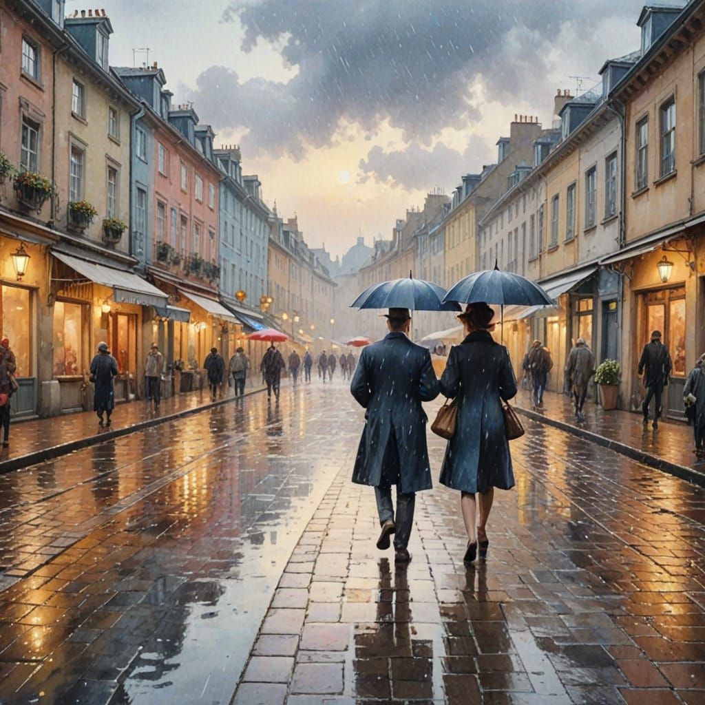 Vibrant 18th Century European Rainy Street Scene in Watercol...