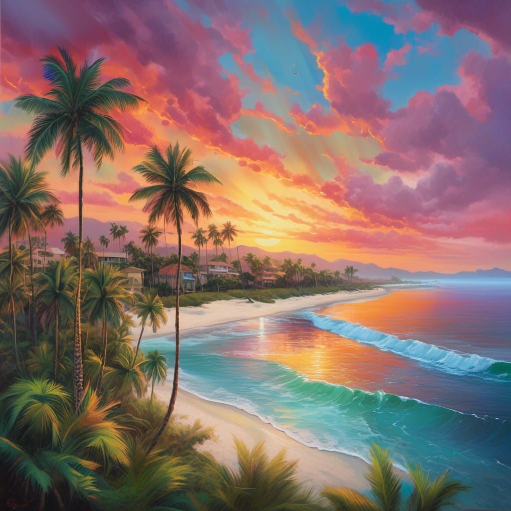 Tropical Beach Sunset in Vivid Oil Painting Style