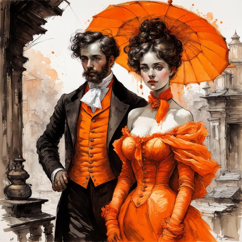 Victorian Couple in Ink Splash Art Style