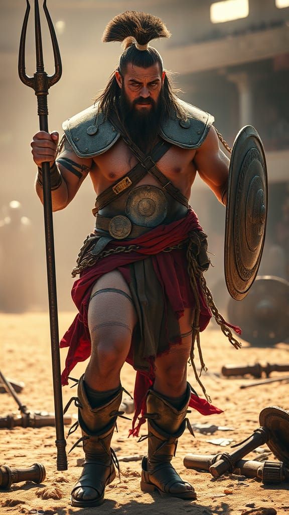 Battle-Scarred Gladiator in Gritty Ancient Arena