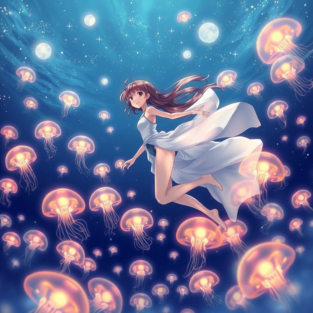 Anime Girl Swimming with Glowing Jellyfish at Night