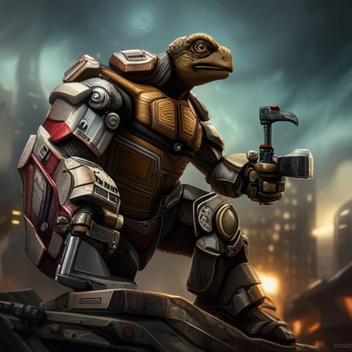 Human Turtle Artificer Building a Mech, Hyperrealistic