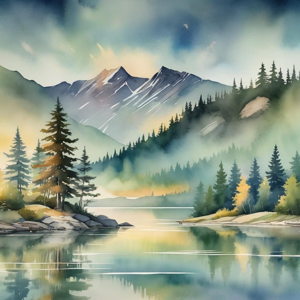 Watercolor Mountain Landscape at Sunset in 8K