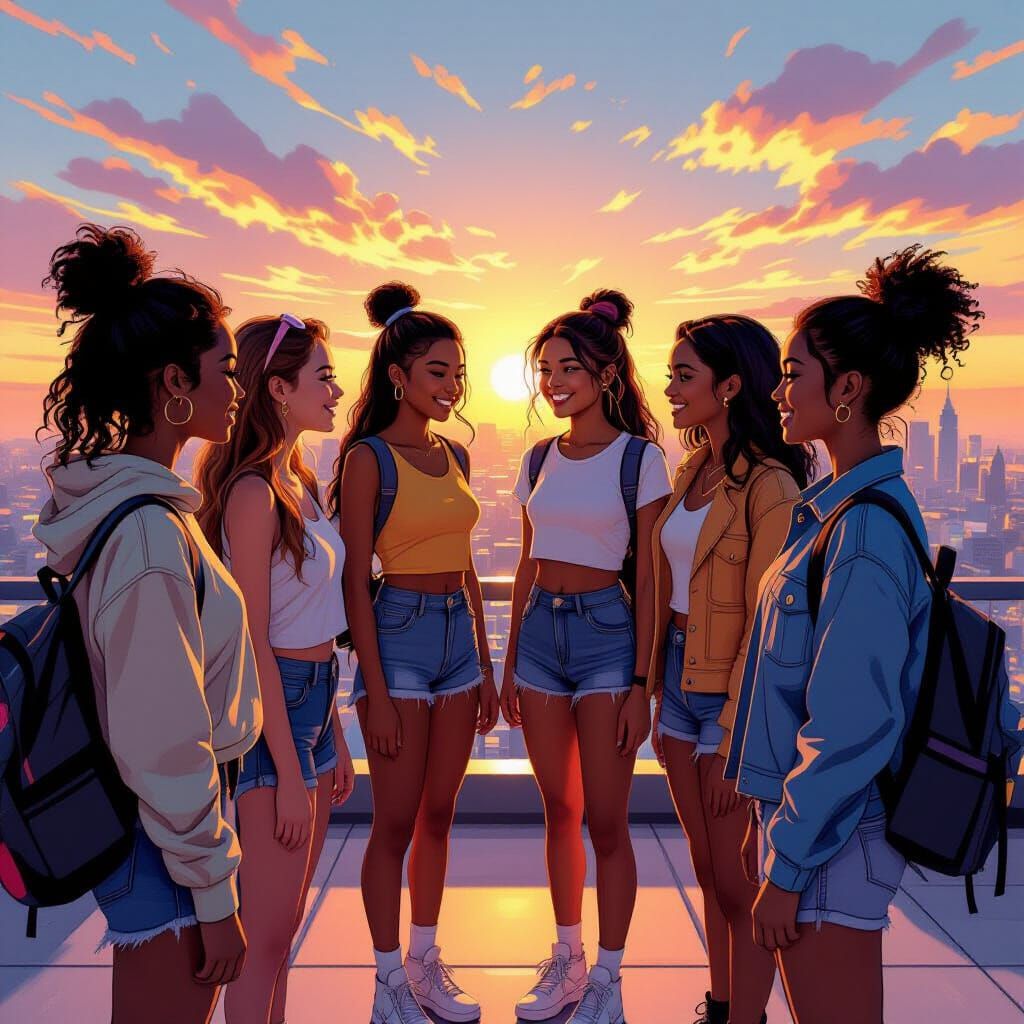 Empowered Teens on Futuristic Rooftop at Dawn