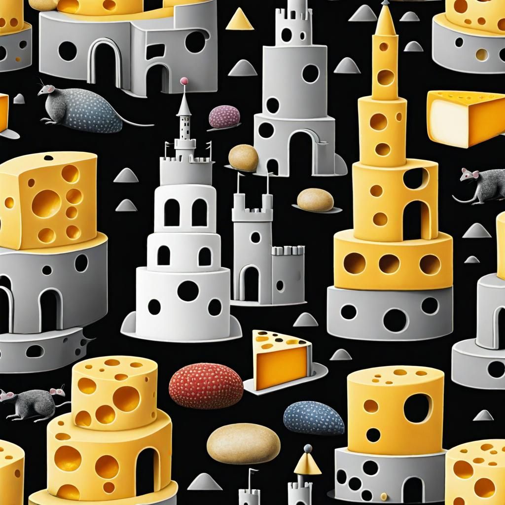 Hyper realistic cheese castle, made of blocks of cheese, with  anthropomorphic mice , rodent men in a cheese  dreamscape...