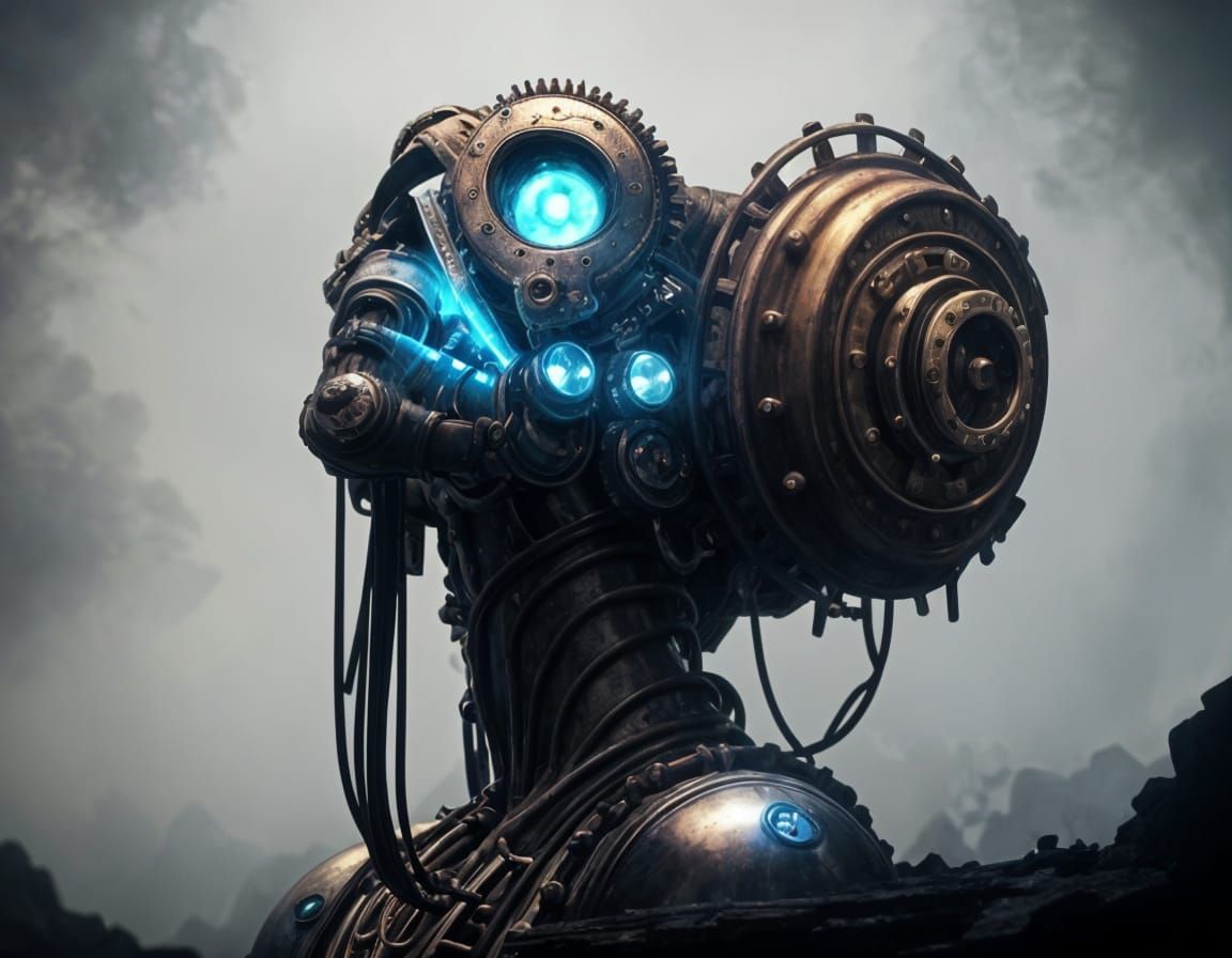 Ethereal Light Figure with Steampunk Engine