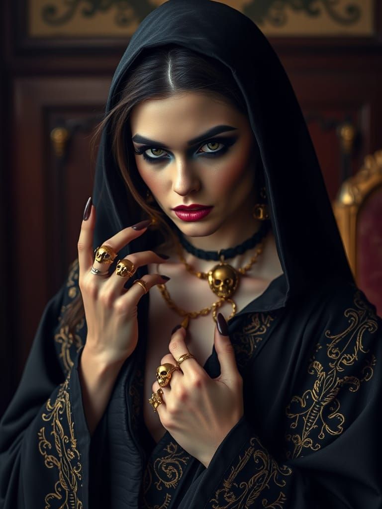Gothic Deity in Dark Robes with Gold Jewelry