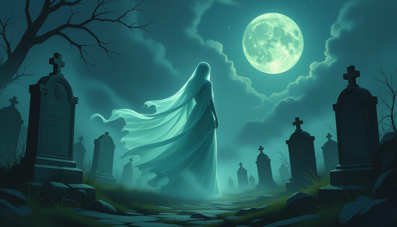 Ethereal Ghostly Apparition in Moonlit Cemetery