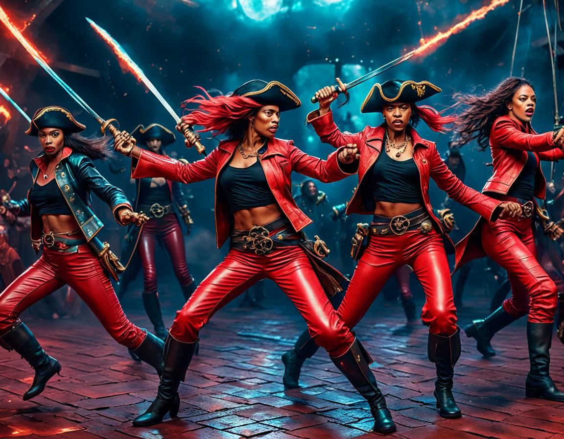 a group of beautiful swarthy female pirates in red outfits