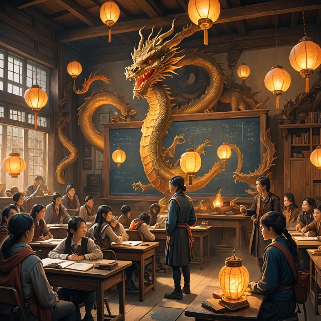 Fantasy Classroom with Dragon in Alan Lee Style