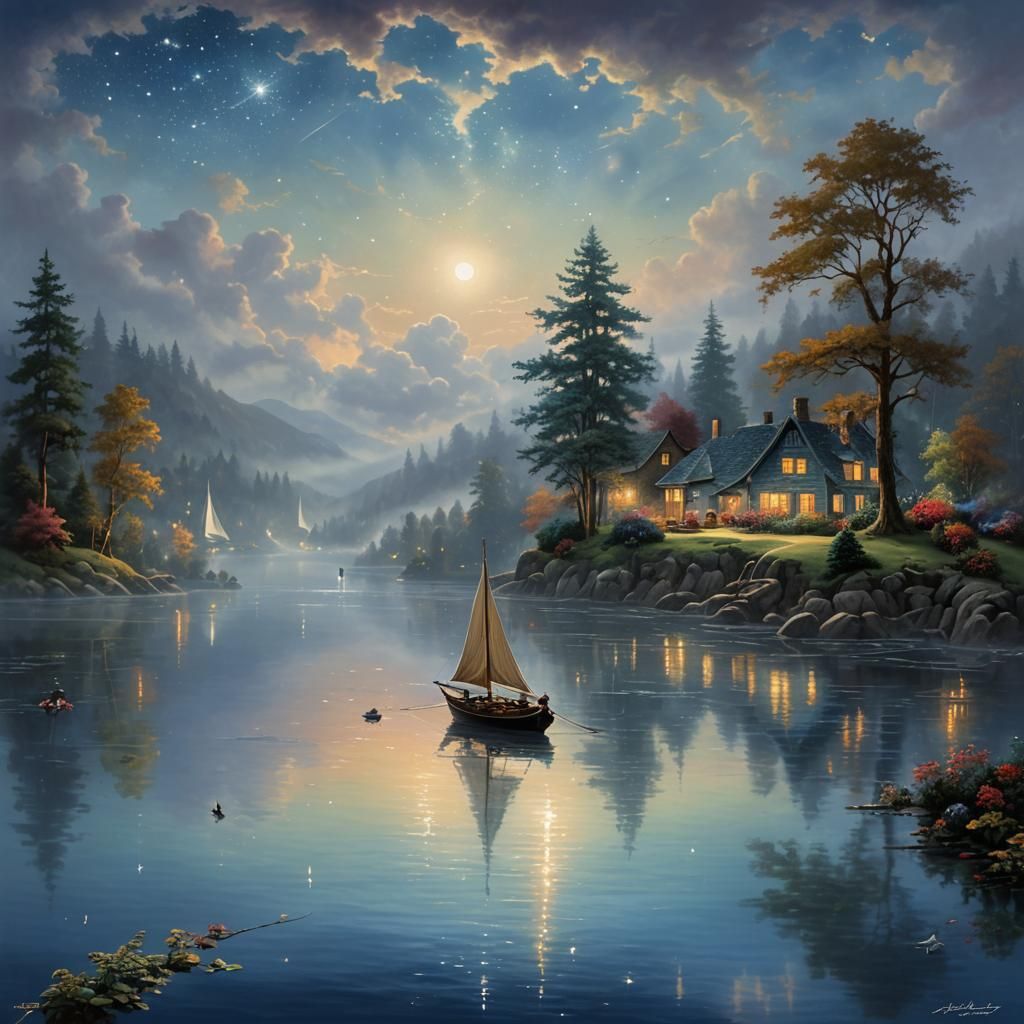 Sailboat on Starry Lake: Ethereal Fantasy