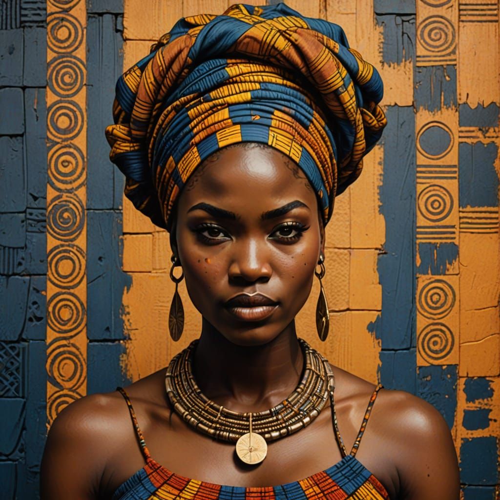 Young African Woman in Vibrant Yoruba-Inspired Woodcut Print...