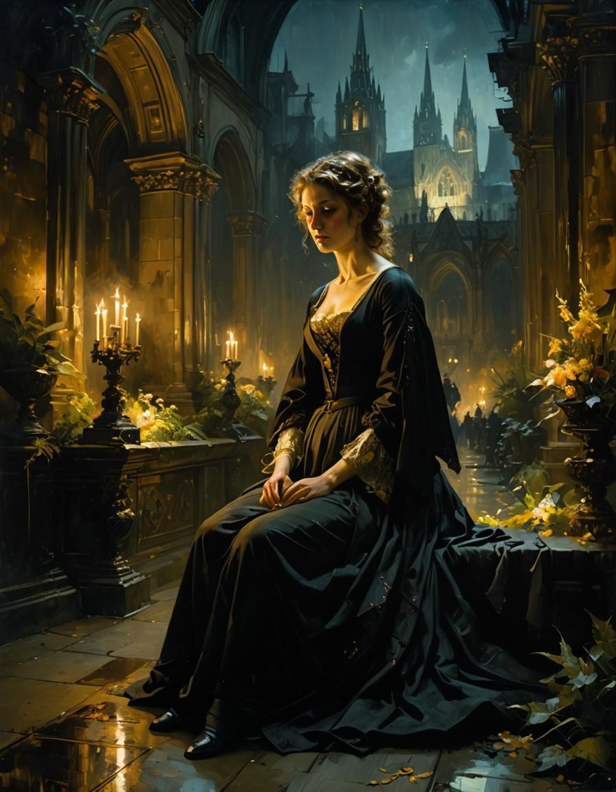 Cathedral Garden at Night in Rembrandt Style