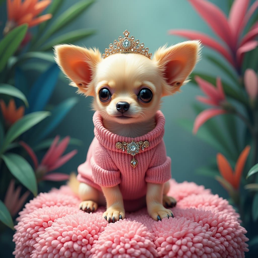 Chihuahua Queen on Pink Tuffet: Dreamlike Garden