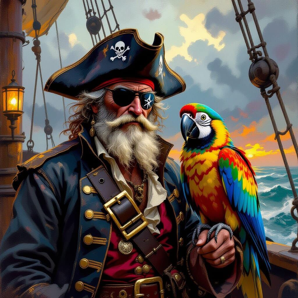 Pirate Captain and Parrot on Ship Deck in Dramatic Seascapes...