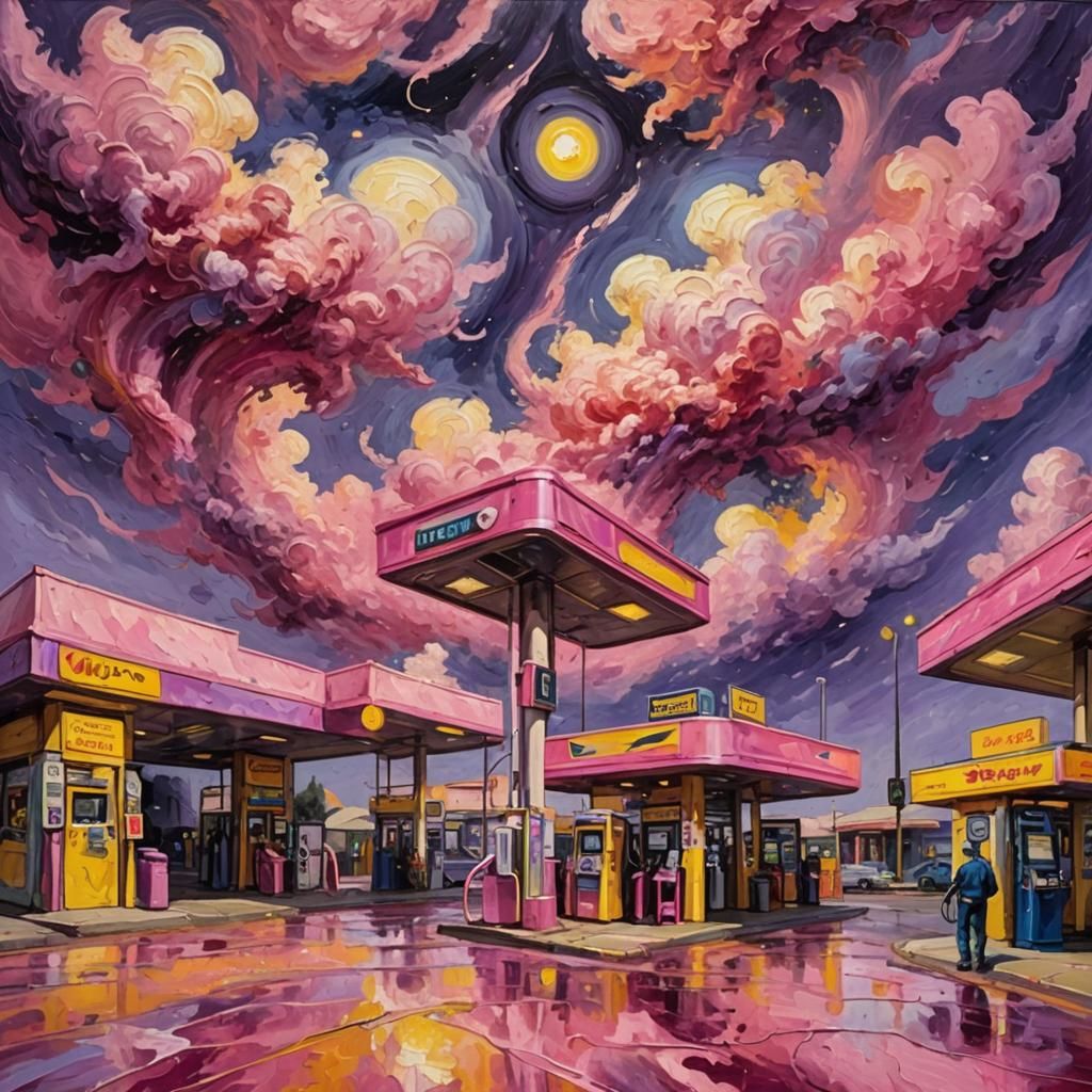 Space Gas Station with Aliens: Neo-Impressionist Oil Paintin...