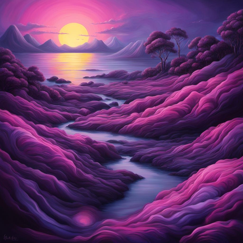 Abstract Surrealism Painting of Dawn Pink and Electric Viole...