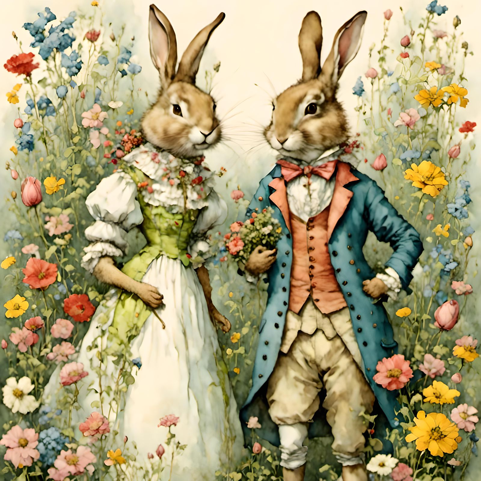 Tall Anthropomorphic rabbit Couple <lora:TallBunny1:1.0> flo...