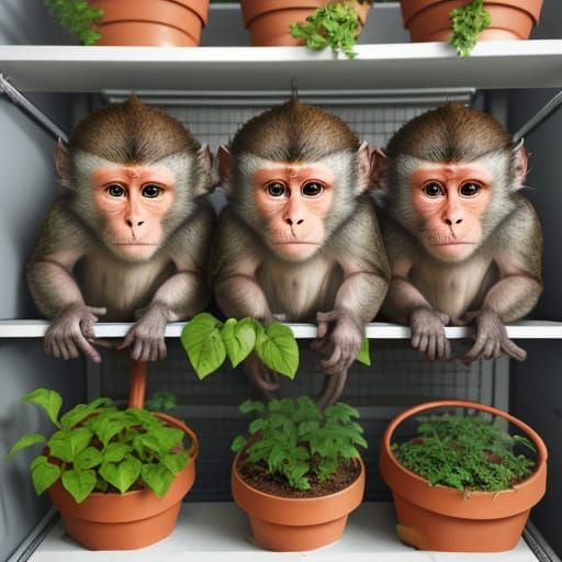 Cute macaque fluffy Monkeys Gardening in a Closet, growing h...