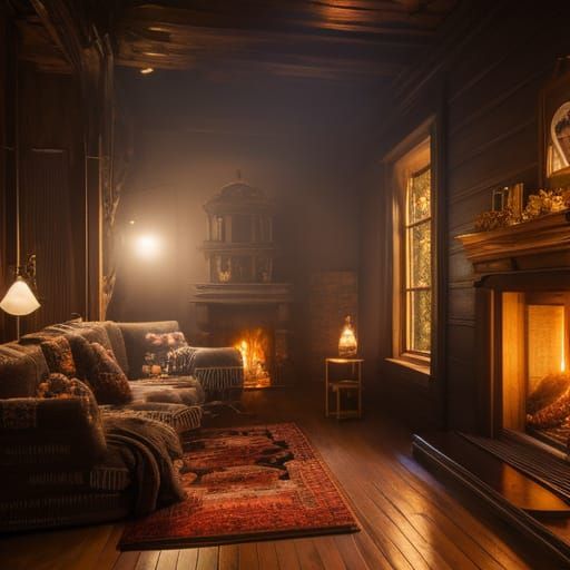 Cozy Fireplace Scene with Coffee in Volumetric Lighting