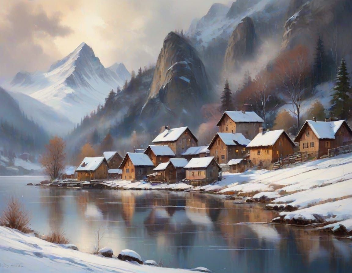Winter Village Scene in Vibrant Oil Paints
