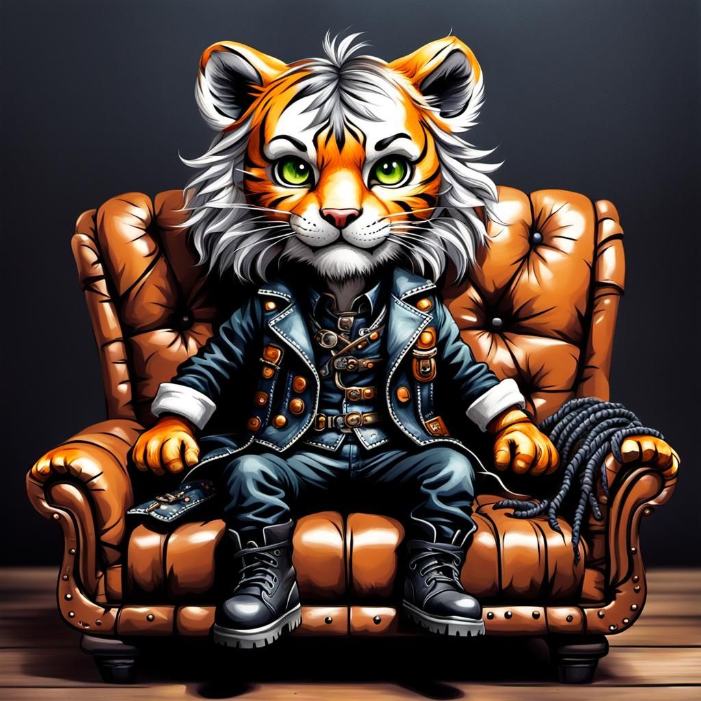Whimsical Goth Chibi Tiger on Couch in Abstract Style