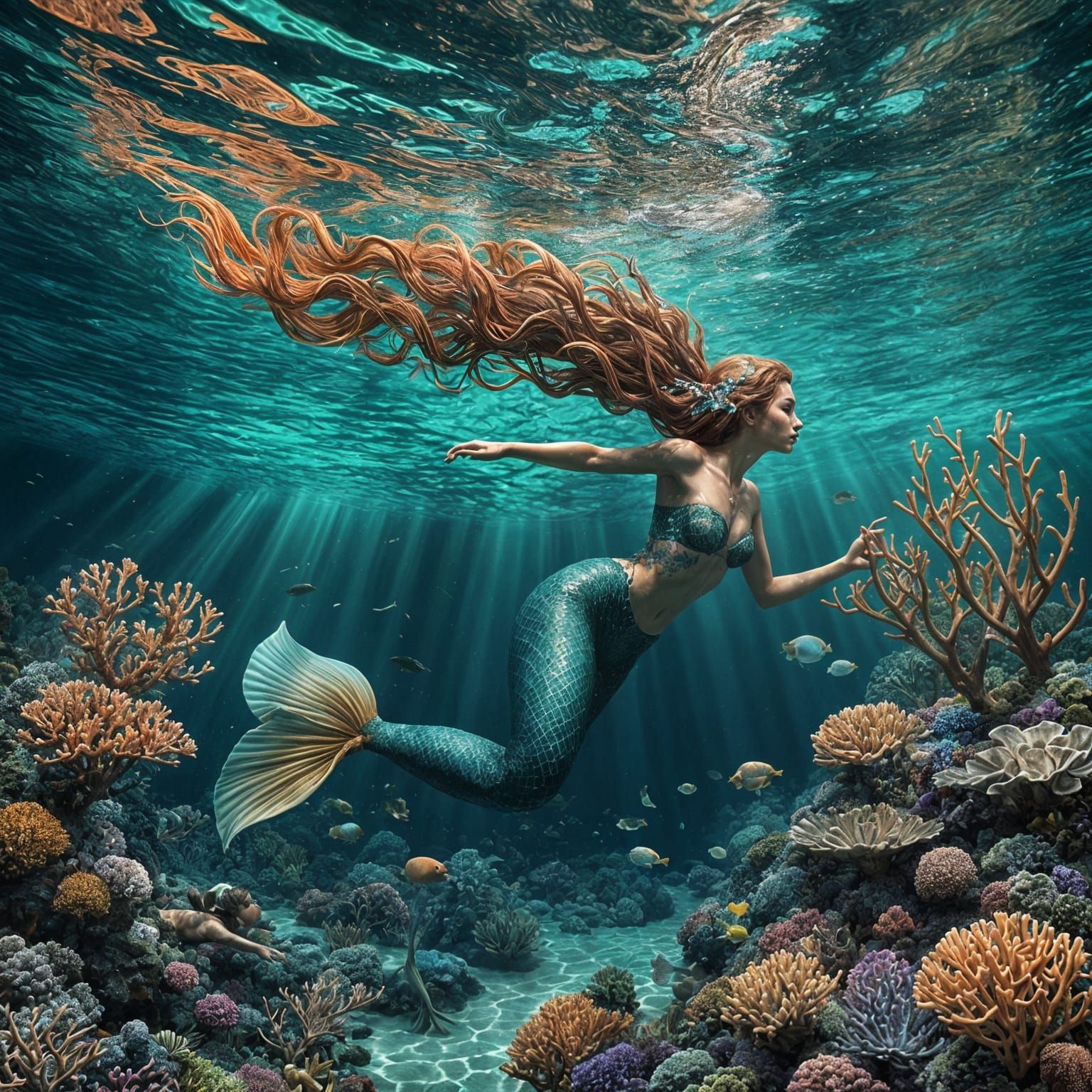 Hyperrealistic Mermaid Swims Through Colorful Coral Reef