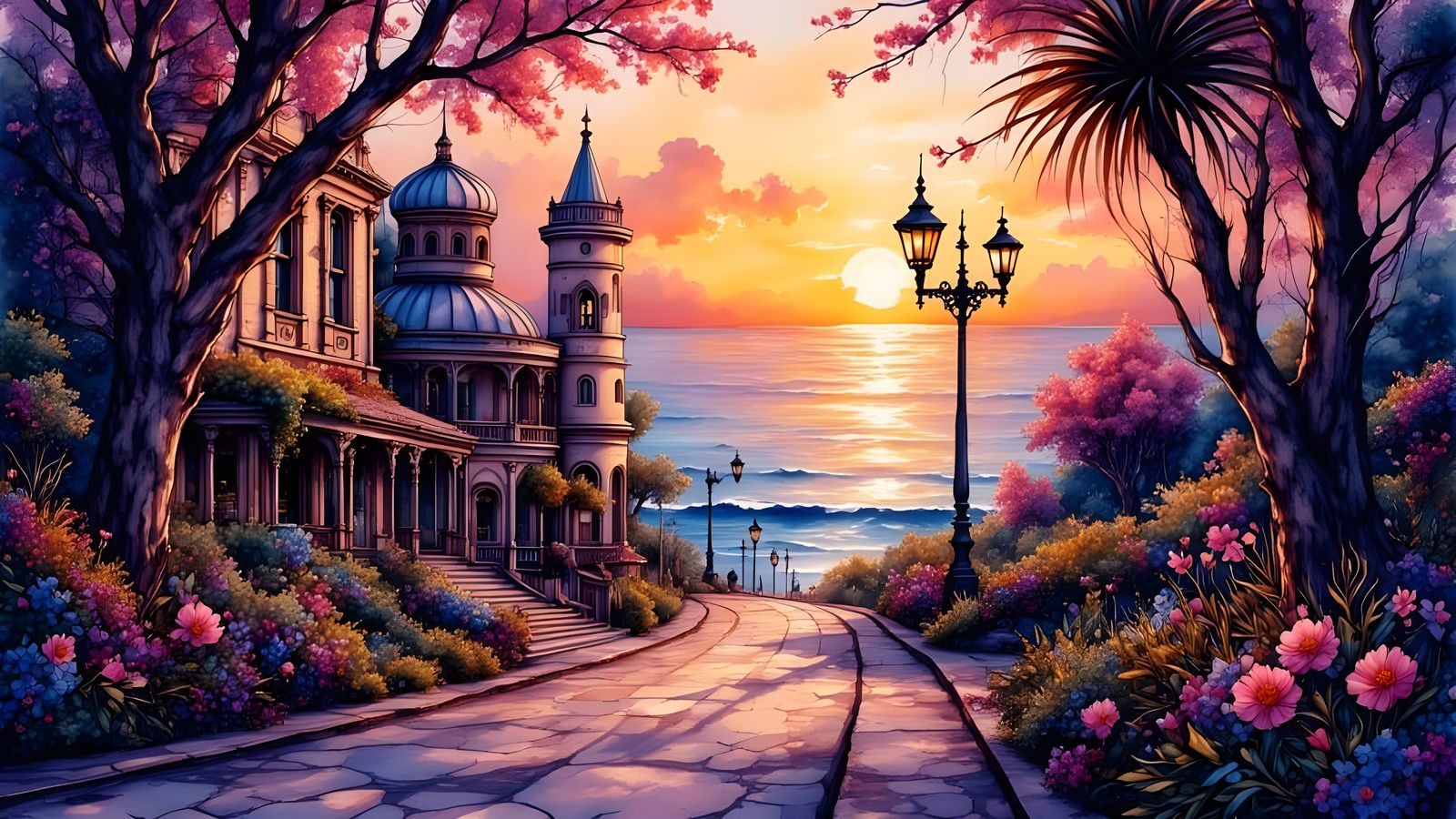 Vibrant Sunset Cityscape with Blooming Bushland and Ocean Vi...