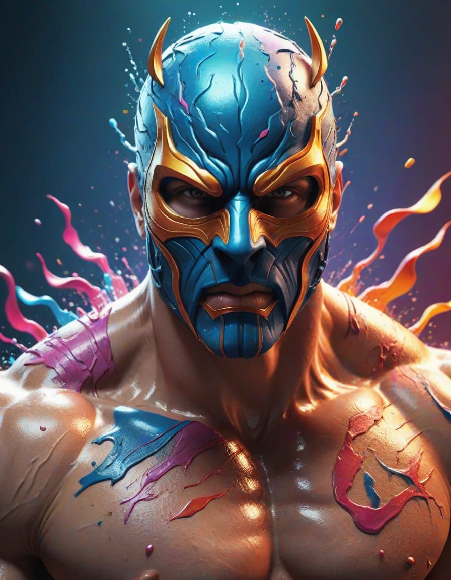 Masked Strongman in Hyperrealistic Splash Art Style