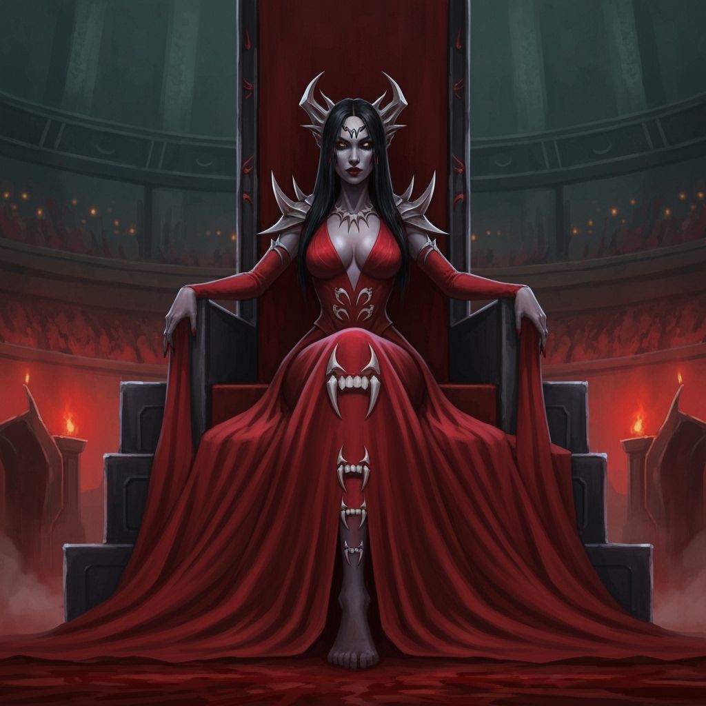 Drow Queen Belzira Baenrith on Throne Above Bloody Arena