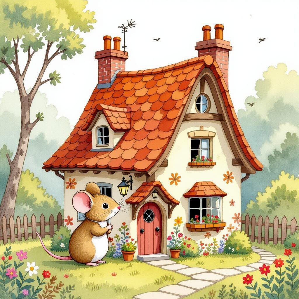 Whimsical Mouse House in Watercolor Style