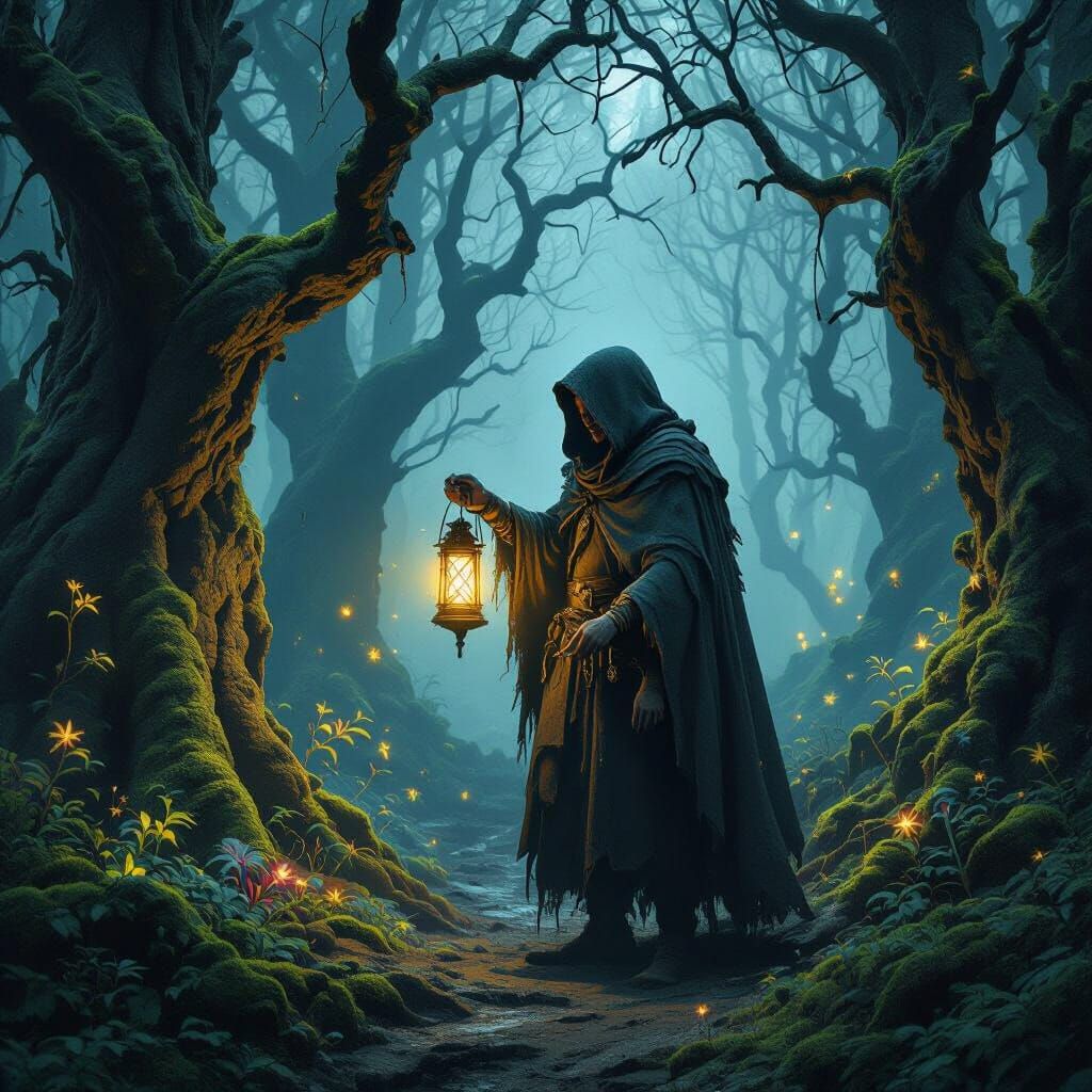 Ethereal Wanderer in Ancient Forest: Dark Fantasy Art