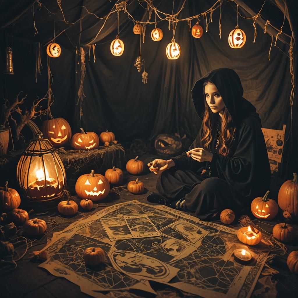 Eerie Tarot Reading in Dimly Lit Halloween Tent