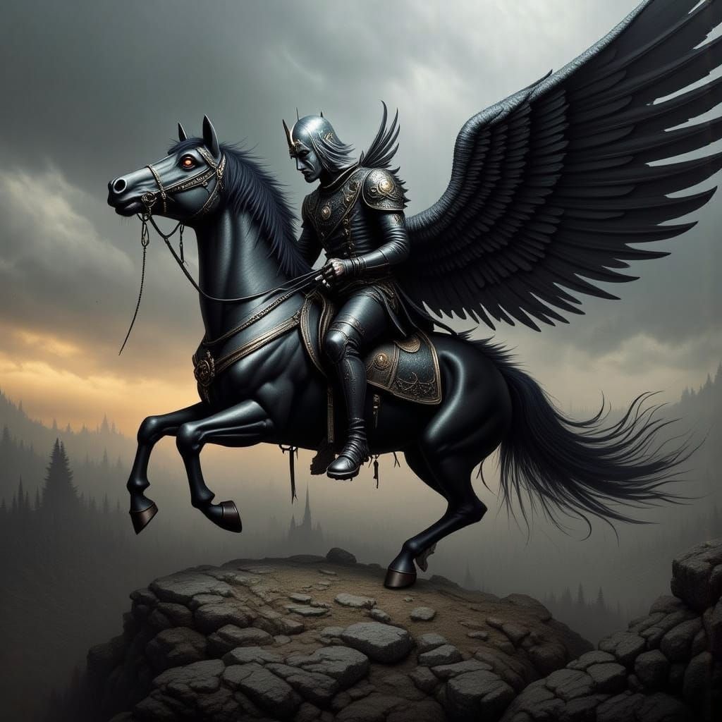 Dark Angel Rides Celestial Horse Through Sky