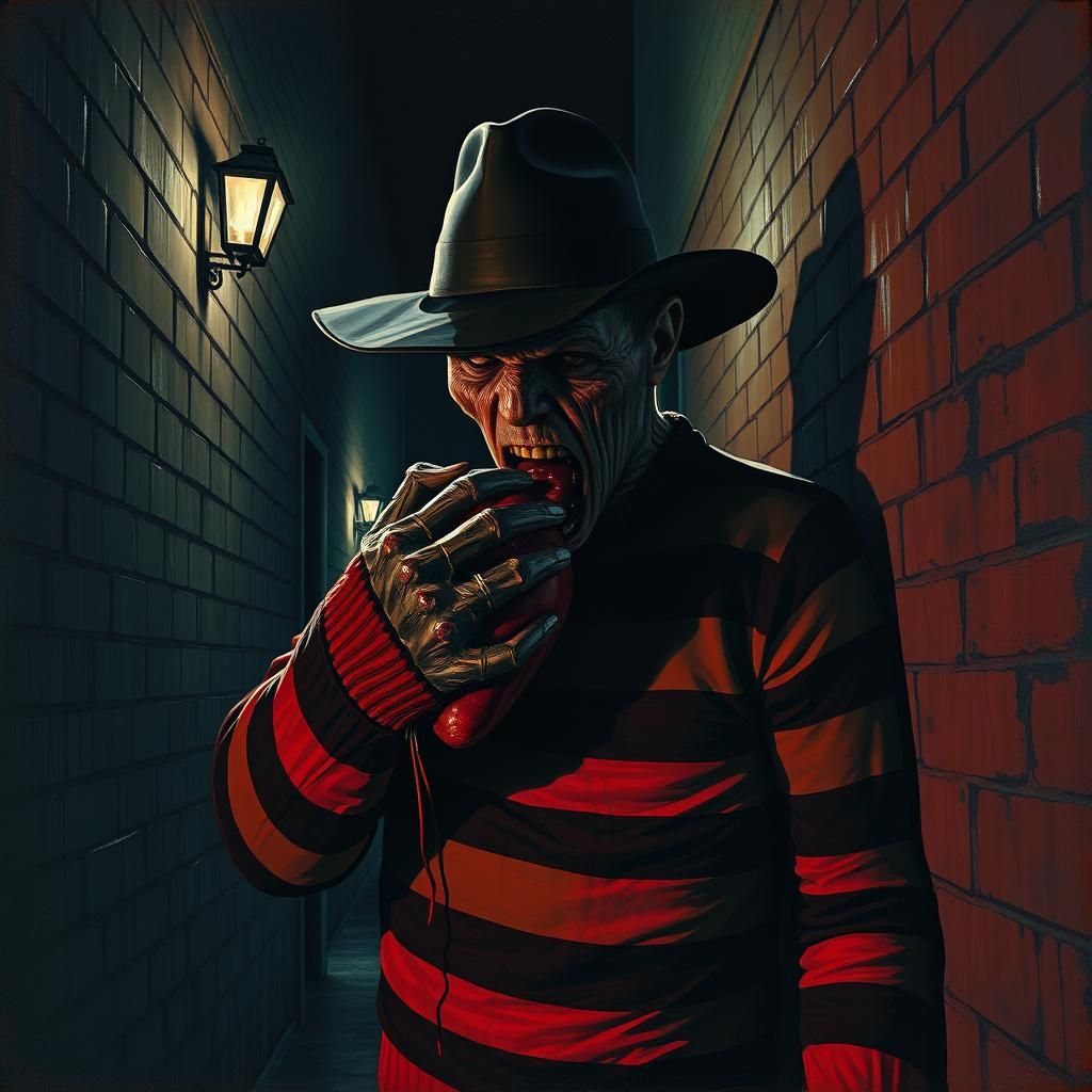 Freddy Kruger Devouring Heart in Dark Alley