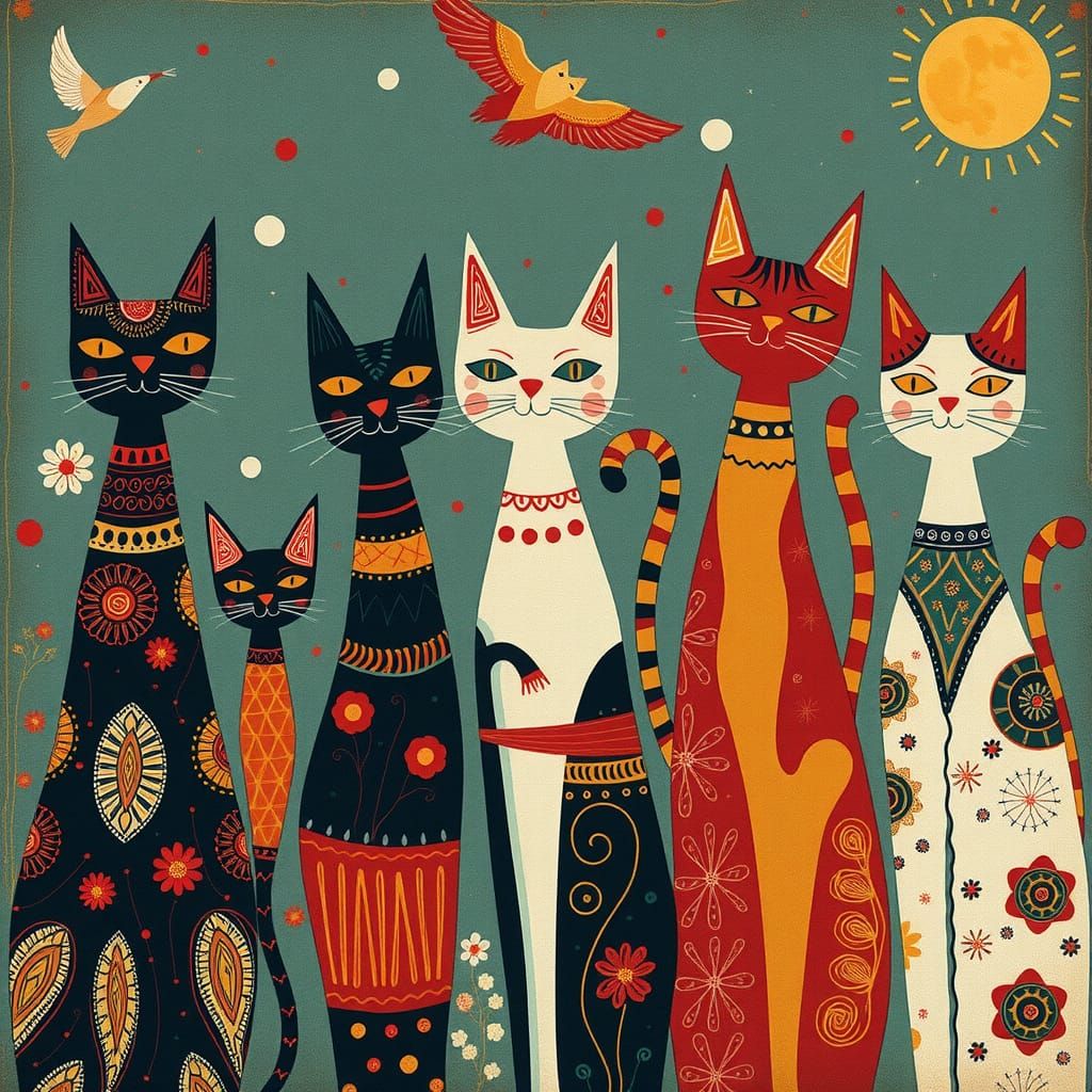 Whimsical Abstract Cats with Intricate Textile Prints