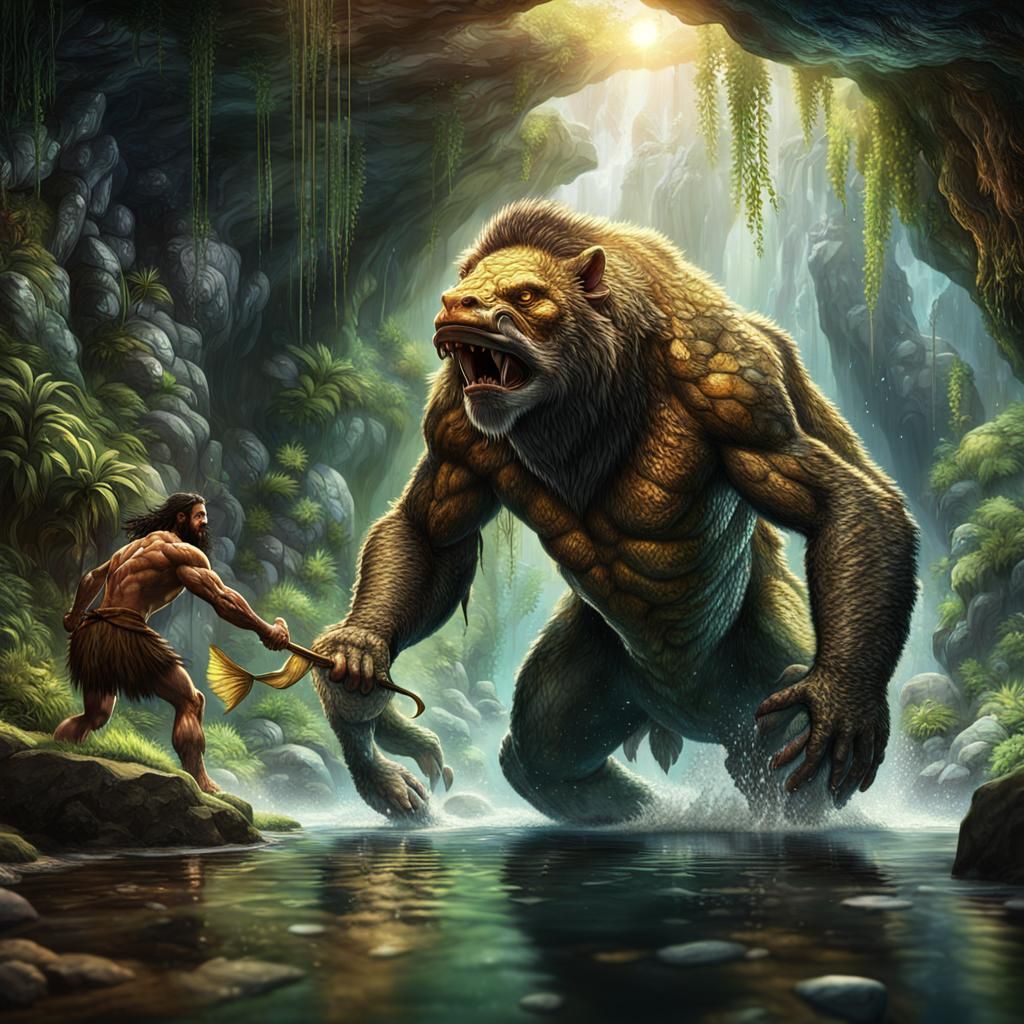 Hyper-Realistic Caveman Concept Art with Large Fish