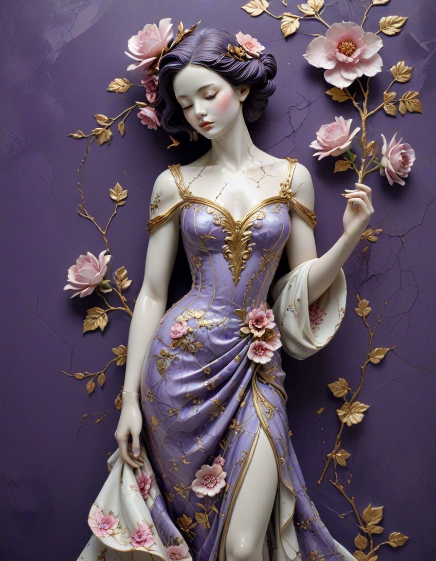 Hyper Realistic Porcelain Sculpture with Cracked Gold Art