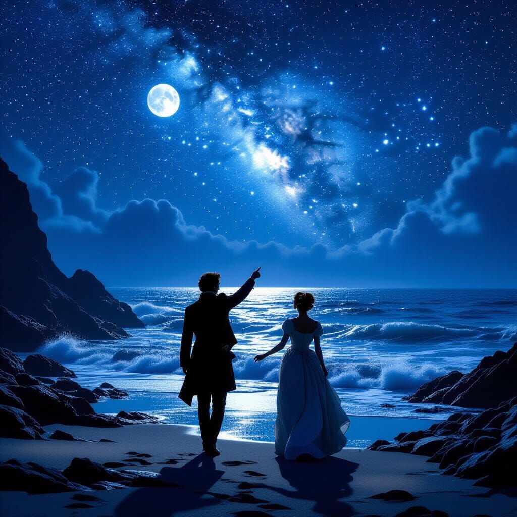 Romantic Regency Couple on Coastline Under Starry Night Sky