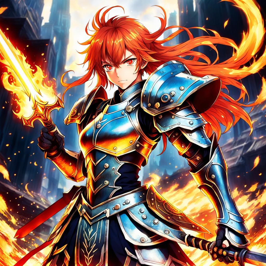 Fiery Anime Warrior with Flaming Sword and Armor