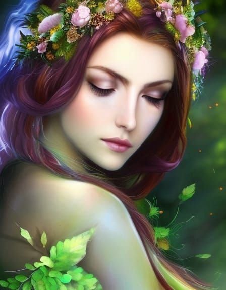 Beautiful Dryad in Summer, Watercolor Splash Art