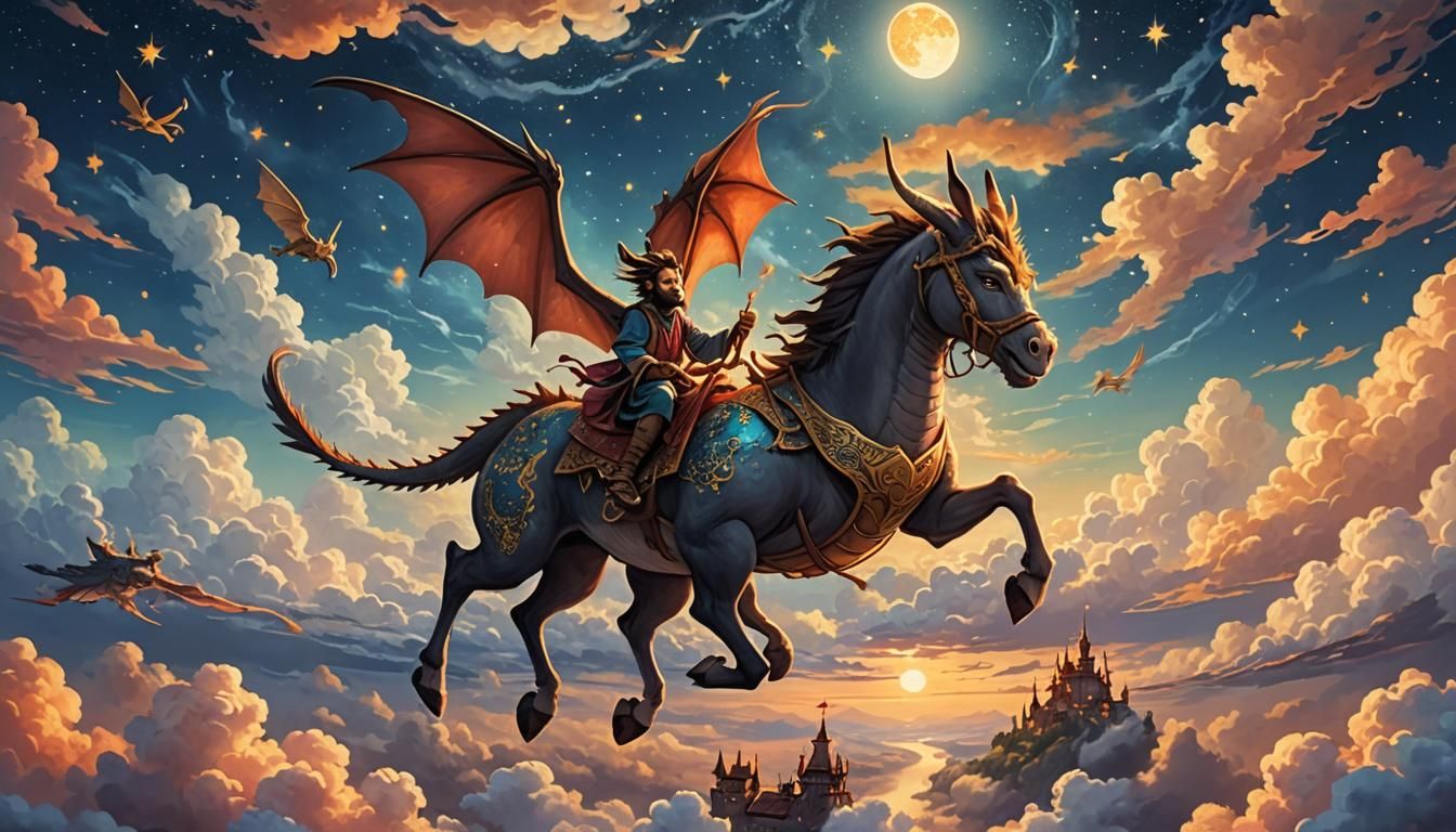 Dragon and Donkey's Romantic Flight at Sunset