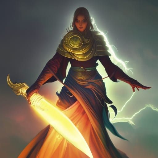 Wizard with Lightning Sword Portrait, Detailed Concept Art