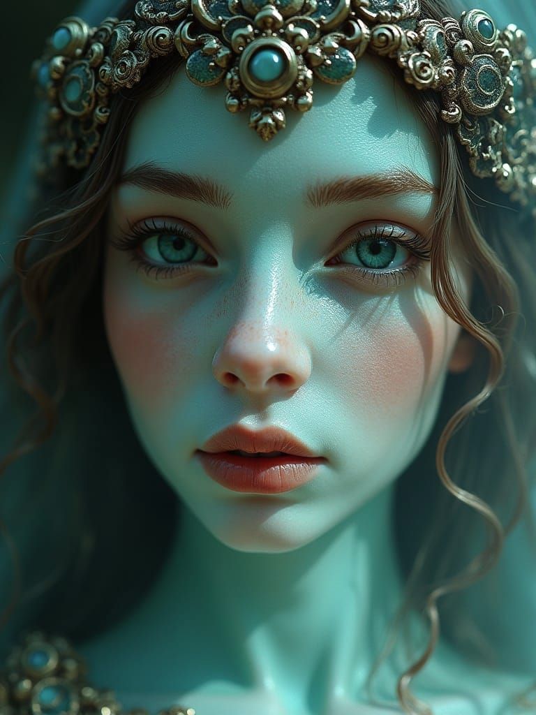 Sea Glass Woman Portrait with Baroque Engravings