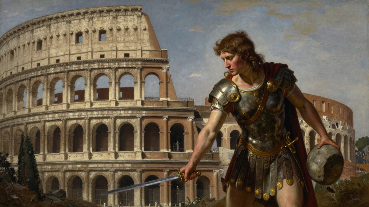 Gladiator Sharpens Sword in Colosseum, Dramatic Lighting